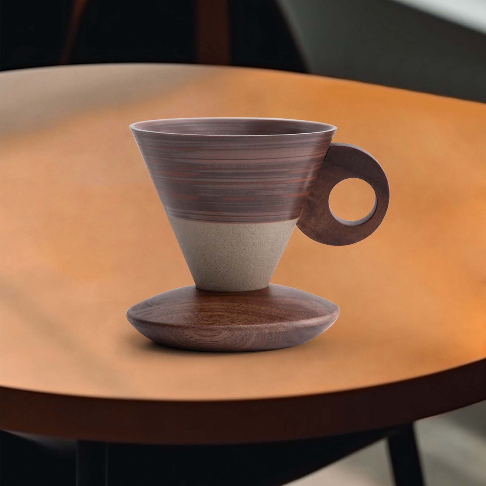 Elegant Conical Ceramic Coffee Cup with Solid Wood Base, Vintage Coarse Pottery Funnel-Shaped Mug for Home, Handcrafted Heat-Resistant Tea Coffee Cup, Pour-Over Espresso Brewing Mug, 200ml