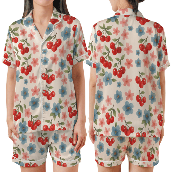 Cherry Floral Pajamas Set, Fresh Bloom Design Nightwear, Chrismas - Valentine Gift Lover Idea
