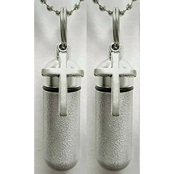 SET of TWO - Silver Cross Pill Holders - Includes Inner Vials, Velvet Pouches and Ball Chains