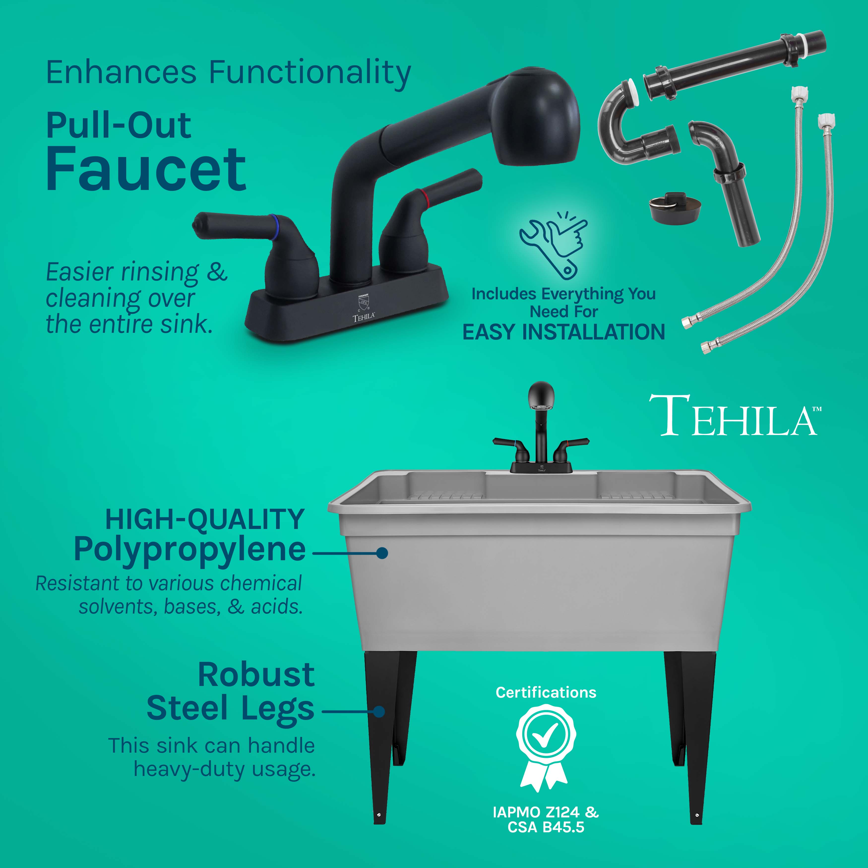 Tehila 37 Gallon Freestanding Grey Double Wide Utility Sink with Steel Legs and Black Pull-Out Faucet