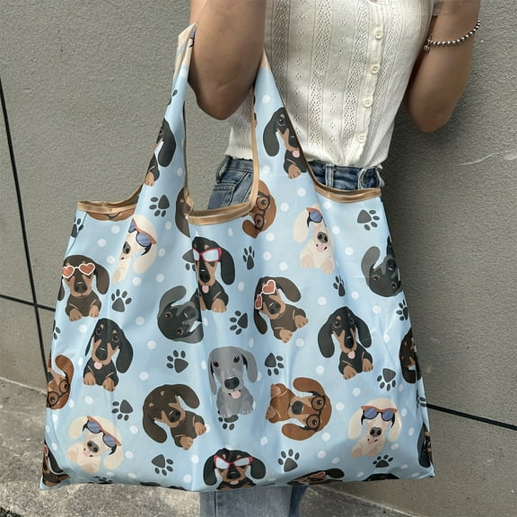 New Lightweight Large Capacity Foldable Tote Bag - Cute Dachshund Print Shopping Bag For Women
