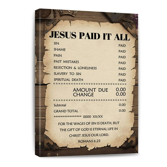 Jesus Paid it All Canvas Wall Art Christian Print Motivational Receipt Design for Living Room Office Bedroom or Home Poster Decor Framed