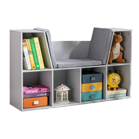 Homiyad 6-Cubby Kids Bookcase with Reading Nook and Cushion, Multi-Purpose Storage Organizer for Bedroom, Living Room, Gray