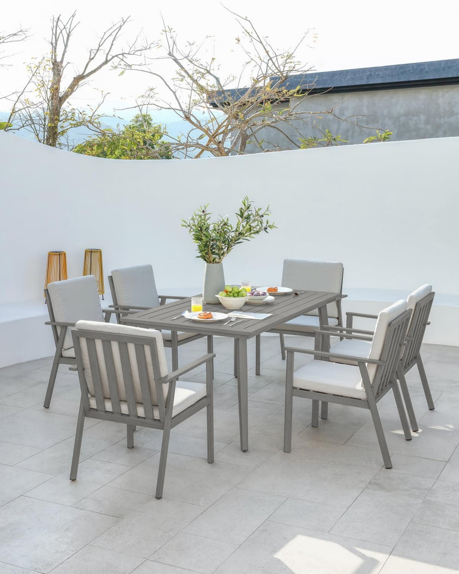 Outdoor Patio Dining Table for 6, Aluminum Outdoor Dining Table with Umbrella Hole, All Weather Patio Table for Garden, Deck, Porch, Lawn, Backyard, Gray