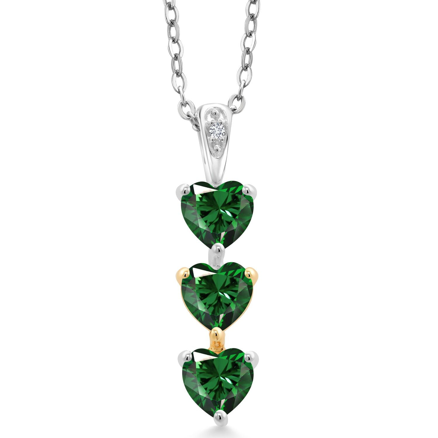 Gem Stone King Keren Hanan Lab Grown Diamond 3 Stone Heart Shape Pendant Necklace with Chain 1.51 Ct Green Nano Emerald 925 Silver and 10K Yellow Gold