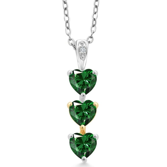 Gem Stone King Keren Hanan Lab Grown Diamond 3 Stone Heart Shape Pendant Necklace with Chain 1.51 Ct Green Nano Emerald 925 Silver and 10K Yellow Gold