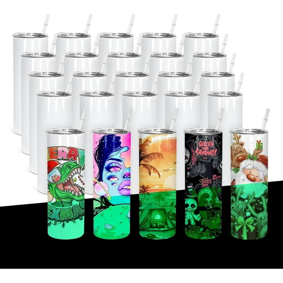 20 oz 25 Pack Sublimation Tumblers Glow In The Dark, Double Wall Vacuum Insulated Luminous Skinny Tumbler with Straw and Lid, Polymer Coating for Heat Transfer, White to Green