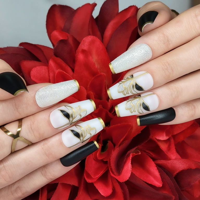 black flower nail designs