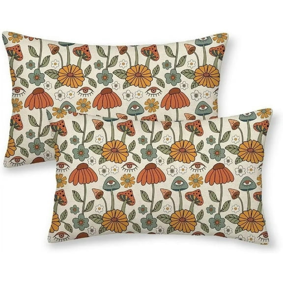 Boho Throw Pillow Covers 12x20 Set of 2, Yellow Orange Fun Cute Mushrooms Retro Decorative Outdoor Pillow Covers 70s Vintage Floral Linen Farmhouse for Couch Sofa Summer Home Decor