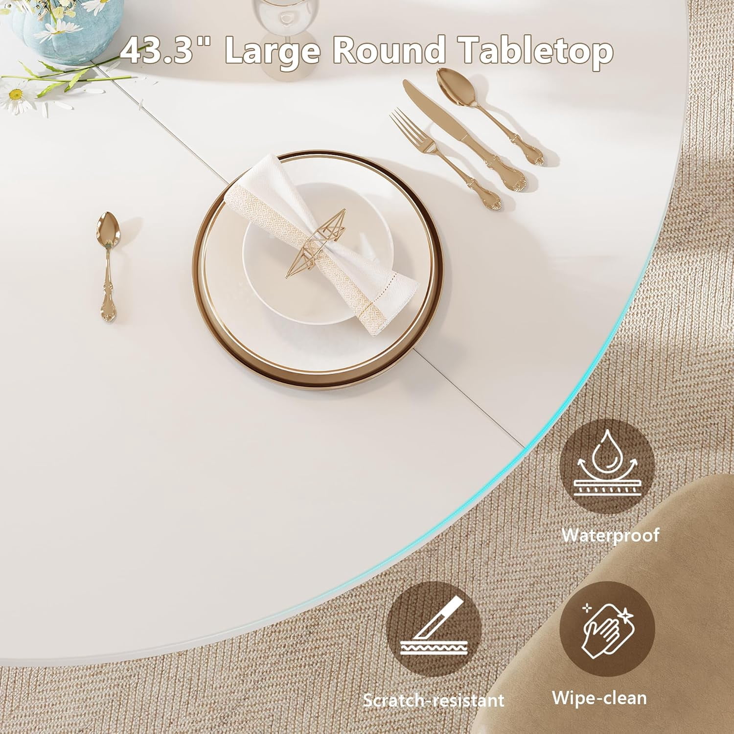 Virans 43.3"-59" Extendable Round Dining Table for 6-8,Kitchen Table with MDF,Modern Dinner Table for Dining Rooms,Living Rooms,White