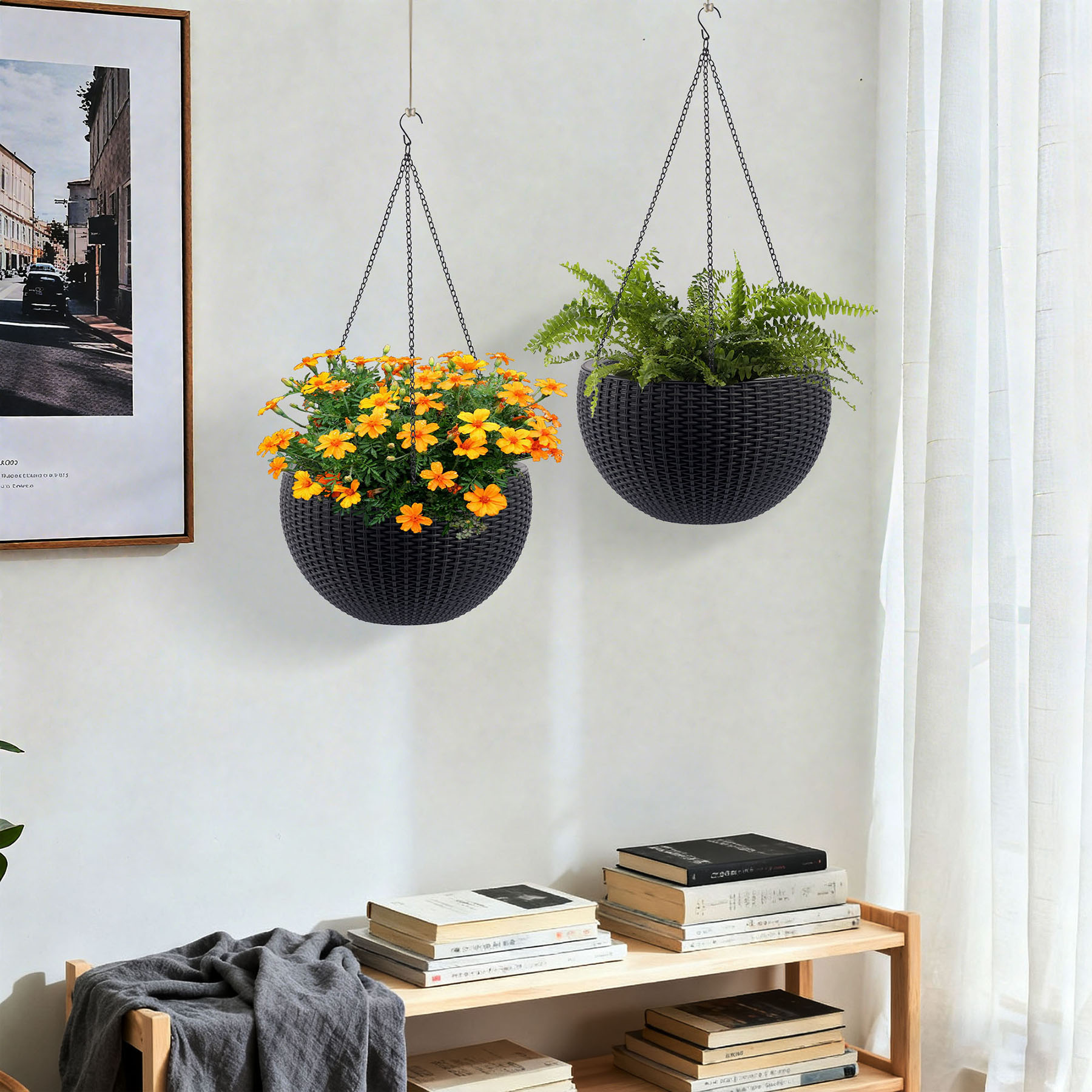 S-HOME Dual-Use Self-Watering Hanging Rattan Planters 13.4 Inch Large Size with Water Level Indicator, for Balcony Decor Indoor Use, Black