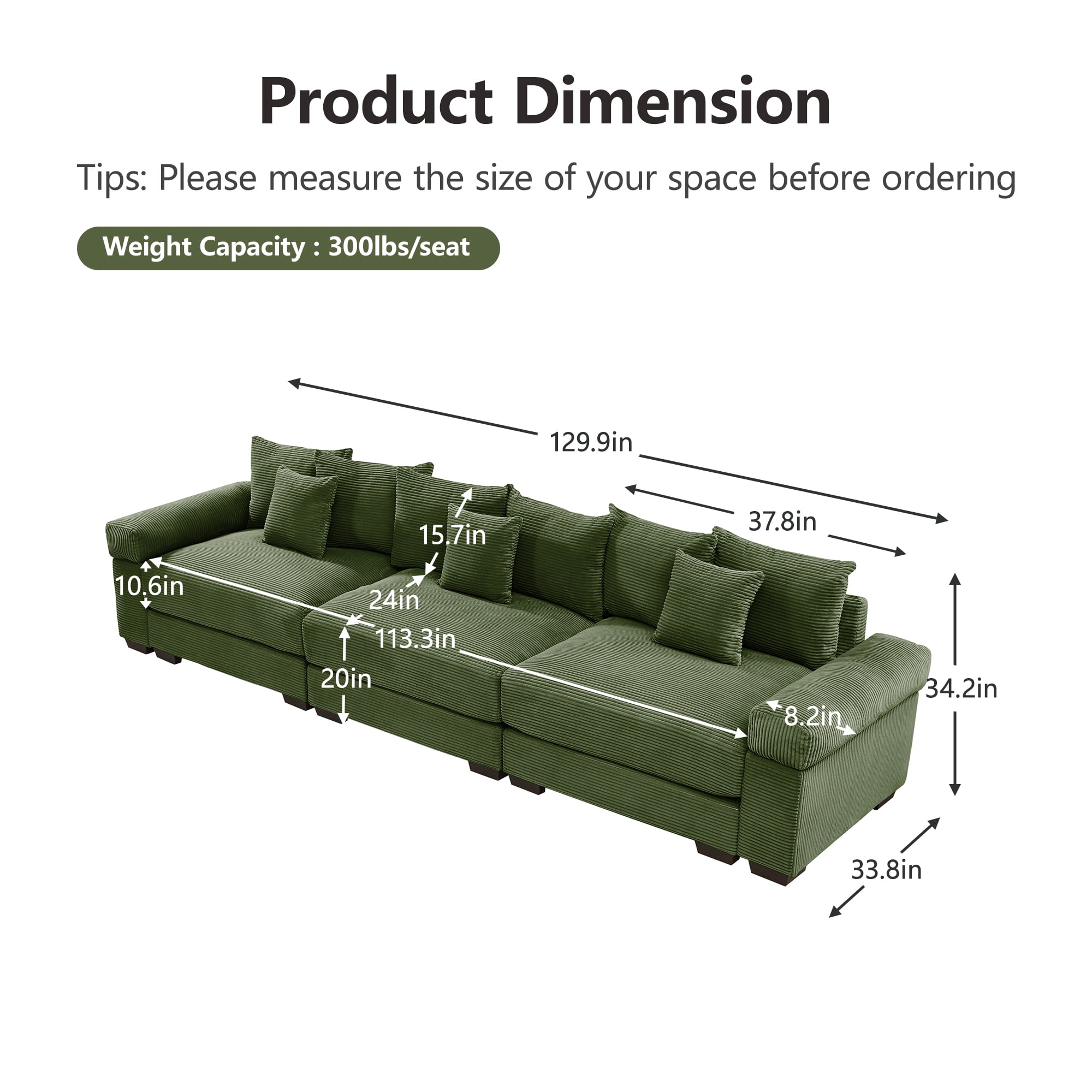 Anpport 130" Cloud Modular 3-Seater Green Corduroy Sofa, Washable Removable Covers, Double-Layer Thick Cushions, Wide Armrest, Apartment