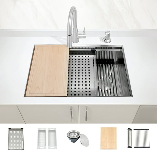 ZUHNE Undermount Workstation Ledge 16 Gauge Stainless Kitchen Sink, Accessories (30-Inch Left Right Offset Drain)