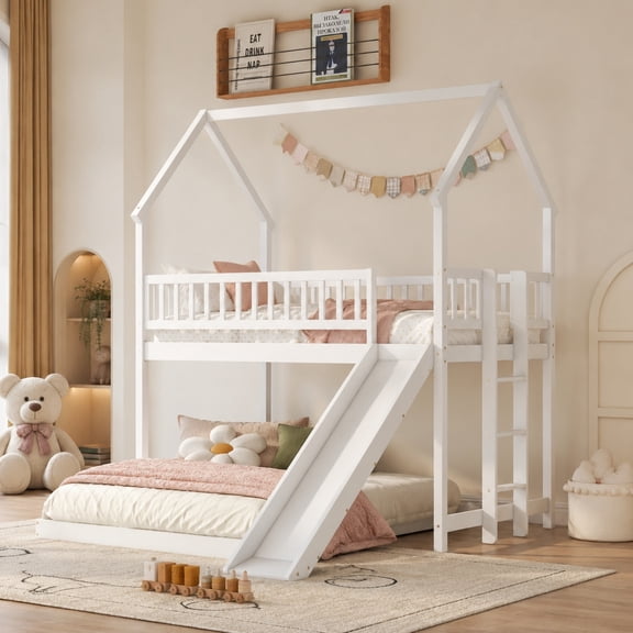 Twin Over Full House Bunk Beds with Slide, Kids Bunk Beds with House Shape Roof, Solid Wooden House Bunk Bed with Built-in Ladder, Full-Length Guardrail for Kids Teens Adults