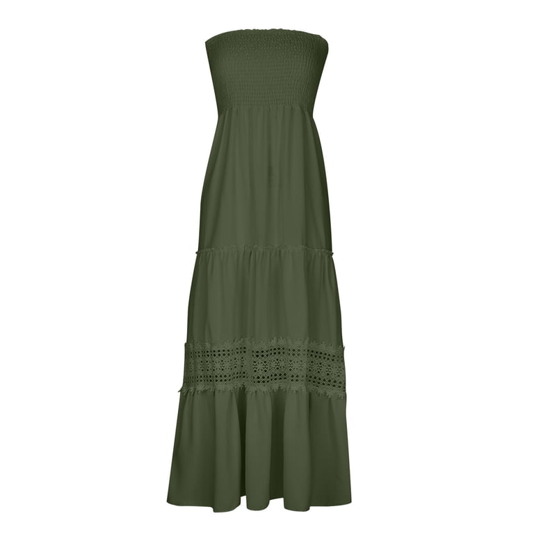 Vsssj Women's Summer Sleeveless Tube Top Lace Dresses Solid Color Smocked Off Shoulder Strapless Tiered Cutout Ruffle Maxi Dress Army Green L Vsssj Women's Summer Sleeveless Tube Top Lace Dresses Solid Color Smocked Off Shoulder Strapless Tiered Cutout Ruffle Maxi Dress Army Green L