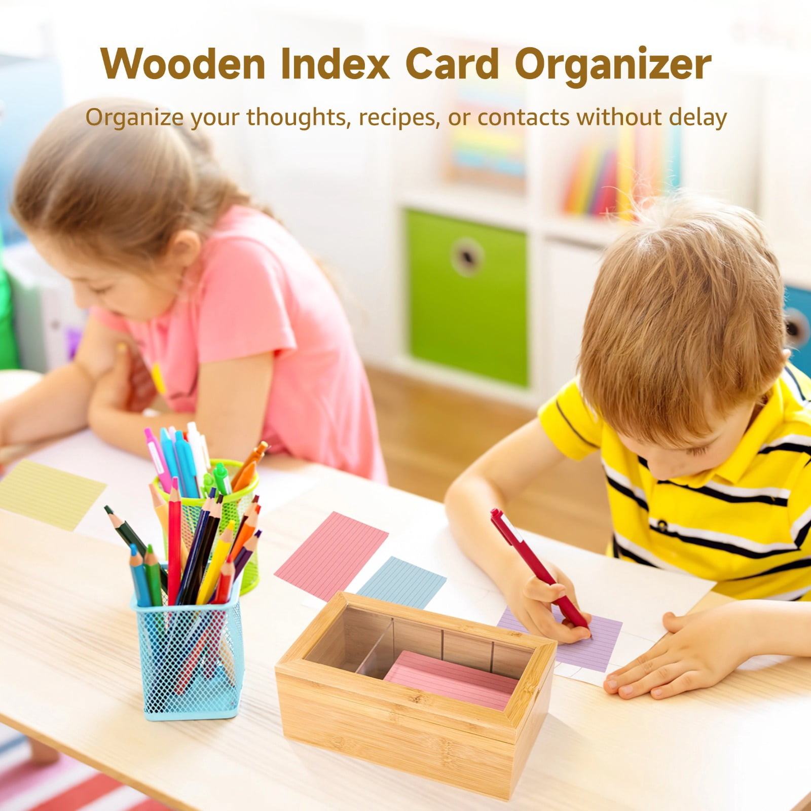 Wooden Index Card Organizer with Lid for Notes Business Card Recipes, Storage Box with Removable Dividers, Includes Kraft Paper Tabs and Colorful Cards