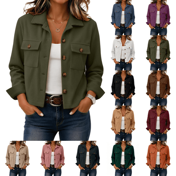 Cropped Jacket Women Fashion Corduroy Button Down Long Sleeve Coat Lightweight Trendy Fall Winter Outwear Blouse