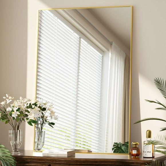 BEAUTYPEAK 26"x38" Bathroom Mirror Wall Mirror with Rectangular Metal Frame, Gold