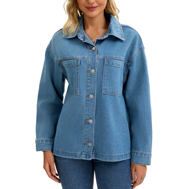 CHAQUETA DE MEZCLILLA PARA MUJER INSPIRE CHIC Cuello Plano Manga Larga Otoño Cierre de Botón Oversized Denim Jacket XL Azul