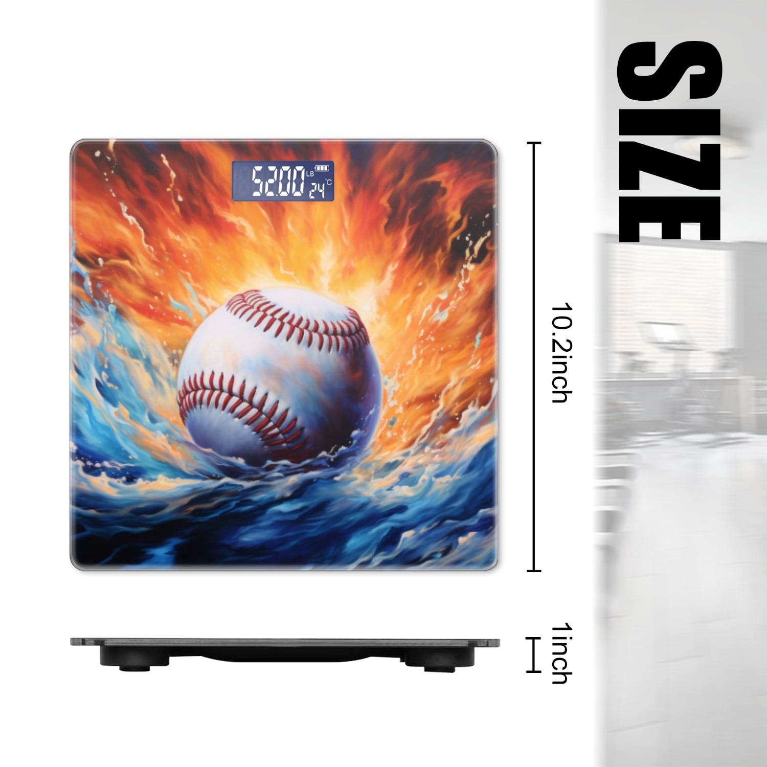 Bathroom Scale, Highly Accurate Digital Body Scale,Precisely Measures Weight up to 400 lbs-Baseball Surrounded By Swirling Water And Fire
