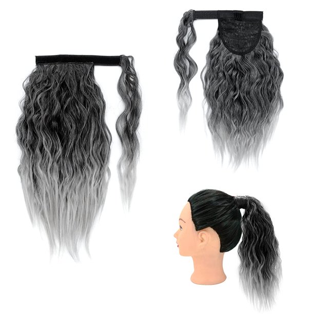 Extensiones de cabello de cola de caballo gris, postizos de cola de caballo ondulados y rizados de 14 pulgadas, clip de onda de maíz sintético corto en cola de caballo para mujeres y niñas, coletas de