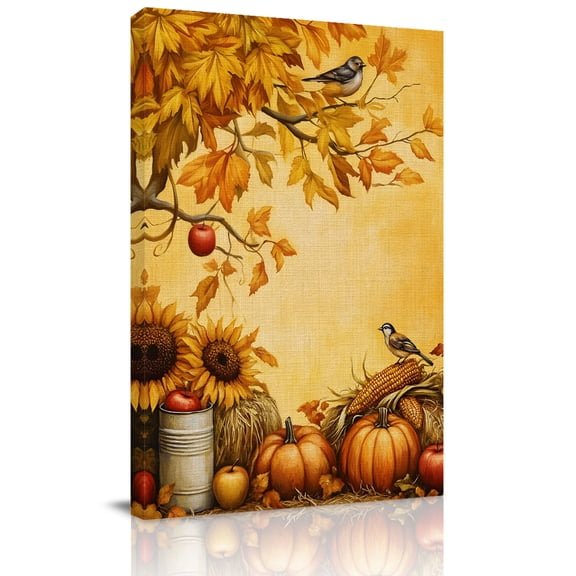Canvas Wall Art, Fall Orange Pumpkin Framed Canvas Prints for Hallway Living Room, Thanksgiving Maple Leaf Sunflower Gallery Wrapped Wall Decor for Home Office, Gifts, 20"x30" Ship Next Day