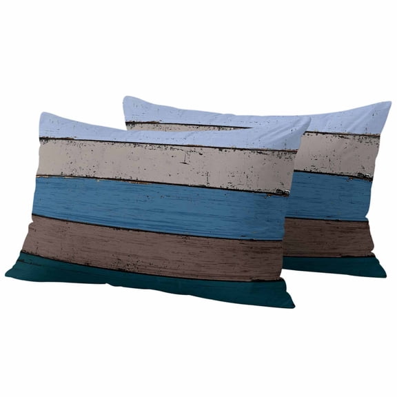 Blue Wooden Outdoor Waterproof Pillow Covers, Grey Stripe Gradient Country Rustic Grain Decorative Rectangle Throw Pillowcase Sofa Cushion Sham for Patio/Couch/Chair, 20"x12" 2 Pack