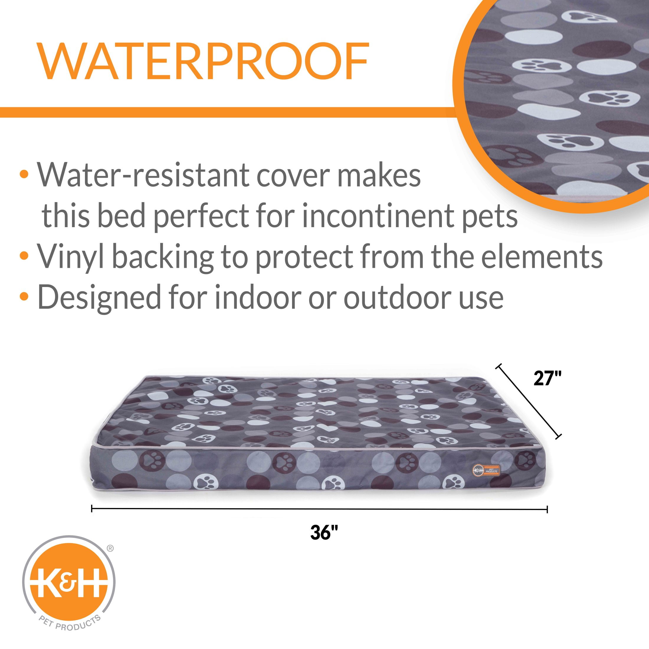 K&H Pet Products Superior Orthopedic Indoor/Outdoor Bed Gray/Paw Small 27 X 36 X 4 Inches