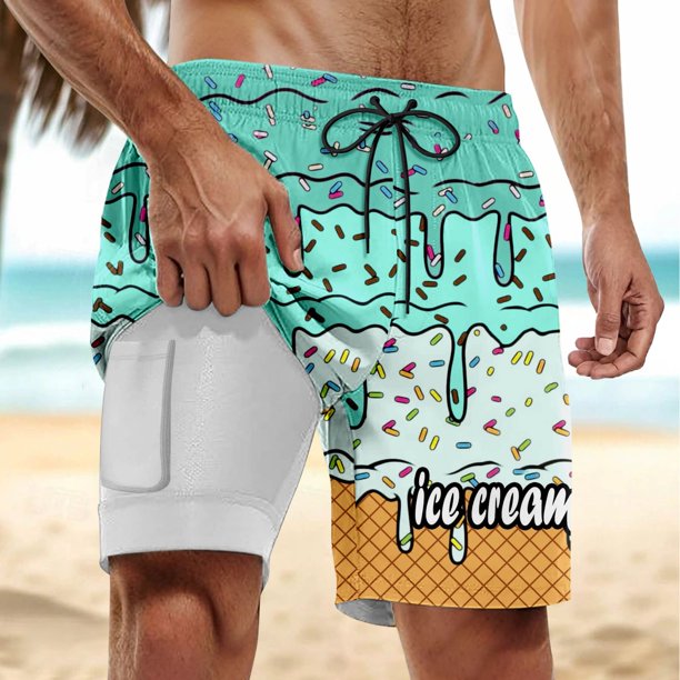 WILLBEST Pantalones Cortos Deportivos para Hombre, para Fiestas de Verano En La Piscina y Playa, Bañador de Doble Capa con Estampado de Hielo Derretido para Días de Playa y Uso Cómodo.