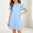 thumbnail image 5 of Fesfesfes Girls' Summer Solid Color Short Sleeve Crew Neck Elastic Waist Dress Casual Comfortable Dress for Kids A-line Ruffle Sleeve Casual Dress 5-15 Years, 5 of 6