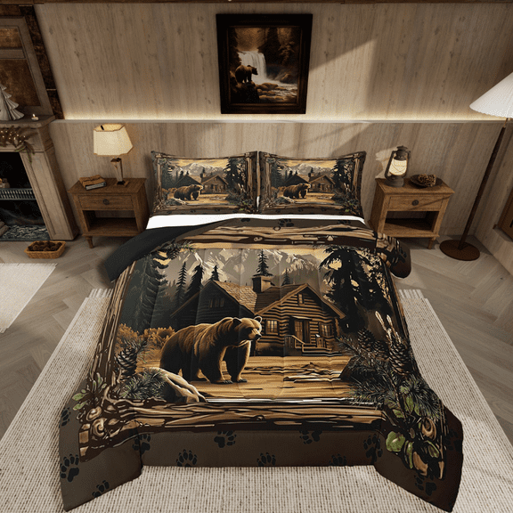 Manfei Animal Bear 2pcs Bedding Comforter Set,Rustic Cabin Twin Comforter Sets,Jungle Wildlife Bedding Set,Microfiber Safari Bedroom Decorative,Reversible