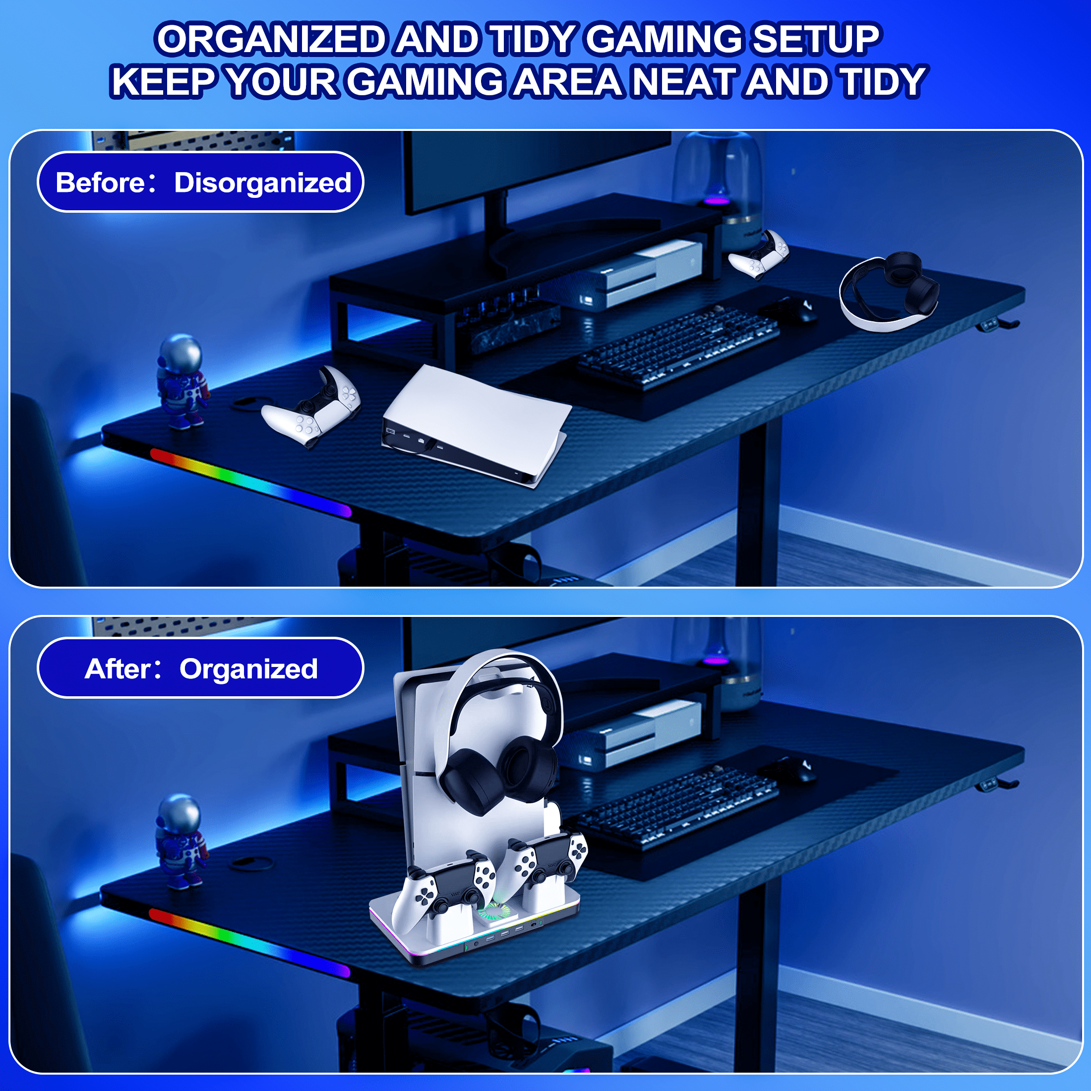 YUOY PS5/Slim/Pro Stand and Cooling Station with LED Controller Charging Station for PlayStation 5 Console, Controller Charger, Cooling Stand, PS5/Slim/Pro Accessories Kit with 2 Level Cooler Fan