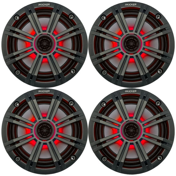 2 Pairs (4 Speakers Total) of Kicker 6.5" OEM Replacement 195W Marine Coaxial 2-Way Speakers (Charcoal Grilles) with MultiColor LED Lighting Capability