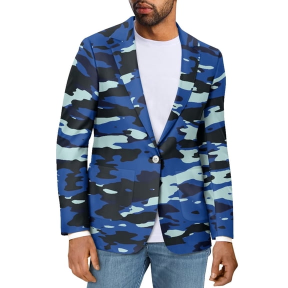 Uorisanigo Blue Camouflage Men's Casual Blazer Comfortable Long Sleeve Men's Casual Blazers Sport Coats Stretch One Button Sport Coat Jacket Fashion Size XS