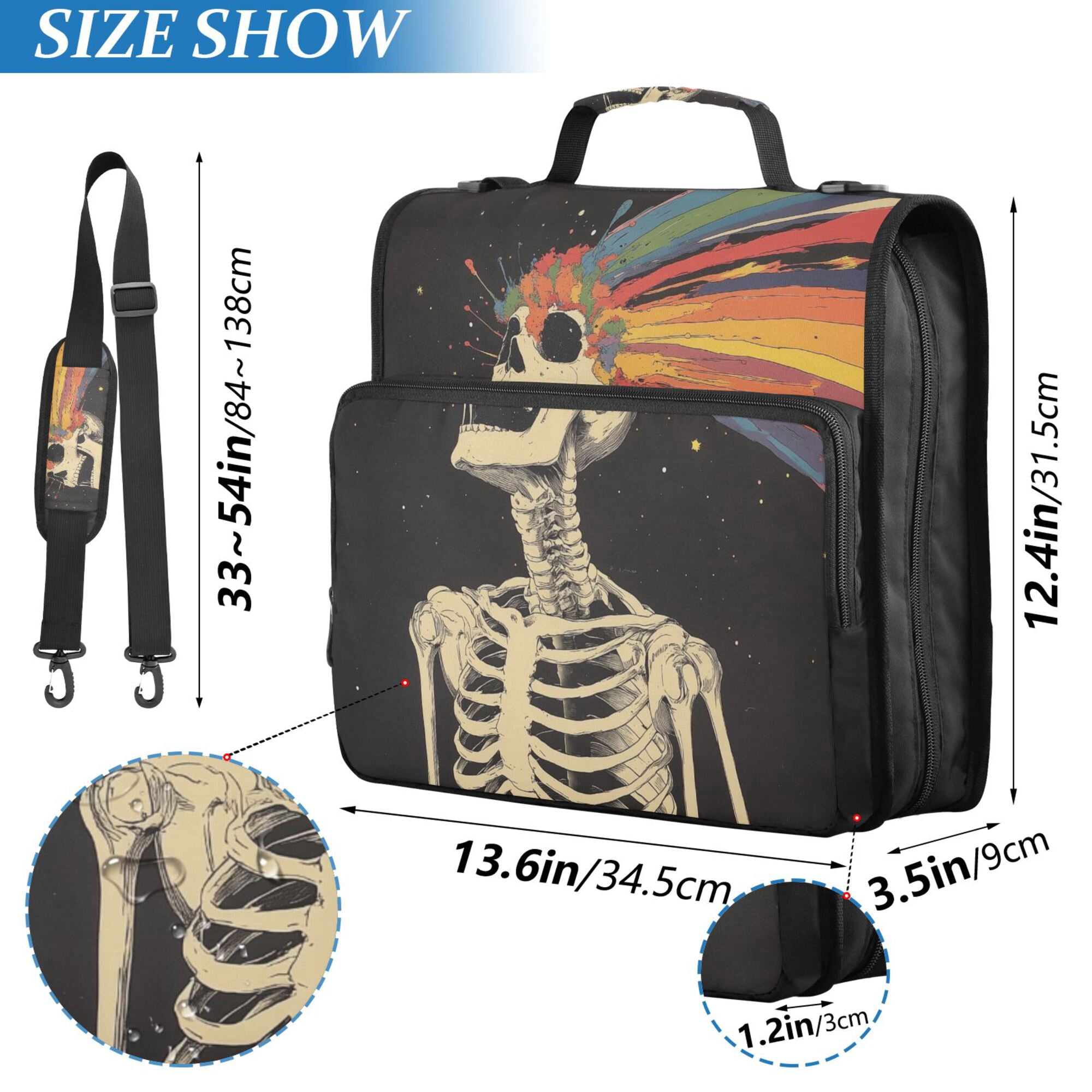 FORMRS Zipper Binder with Shoulder Strap 2-inch Ring 500 Sheet Capacity File Bag, Black Skeleton