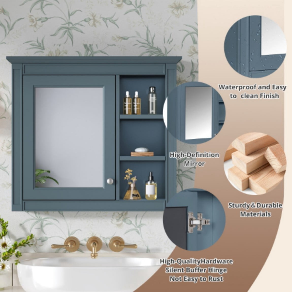 30"x 28" Wall Mounted Bathroom Medicine Cabinet with Mirror, Bathroom Storage Cabinet with Adjustable Shelf & 3 Open Shelves, Modern MDF Mirror Cabinet, Blue