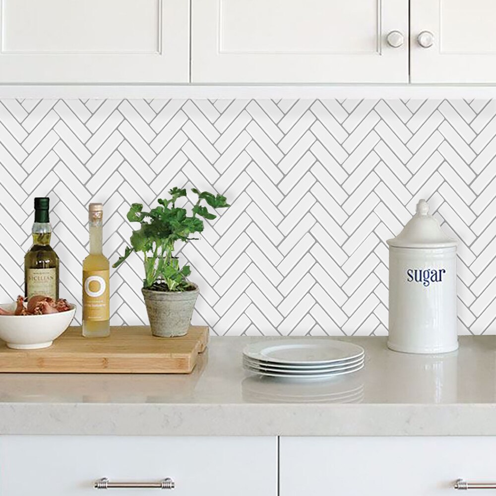 "clevermosaics White Herringbone Marble Mosaic Adhesive Backsplash Tiles, 12"" x 12"", Set of 10"
