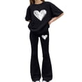 thumbnail image 2 of EnJoCho Girls Heart 2 Piece Outfit Set Kids Short Sleeve Top Baggy Legging Flared Pants Cute Graphic Casual Outfit School Trendy Little Girls Linen Short Sleeve Pants Outfit, 2 of 5