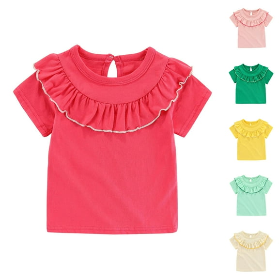 THDHVS Girls Tops, Baby Girl Clothes, Toddler Kids Girls Fashion Cute Solid Color Breathable Soft Flounce Short Sleeve Top Beige 3-4 Years