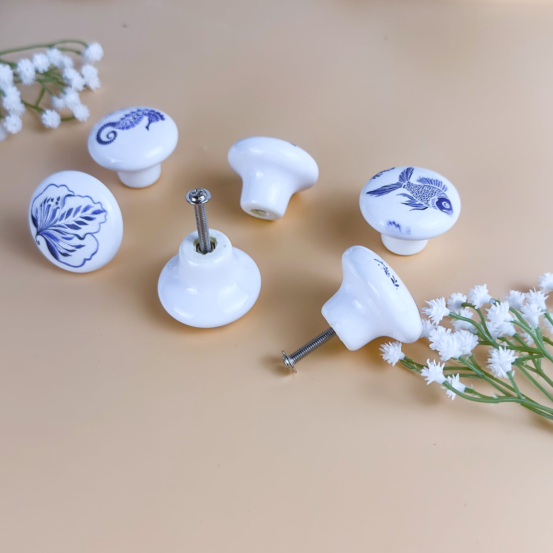 Jamjam Coastal Beach Cabinet Themed Nautical Kids Drawer Knobs, 1.5 Diameter Round Ceramic Blue with Screws 6 Piece