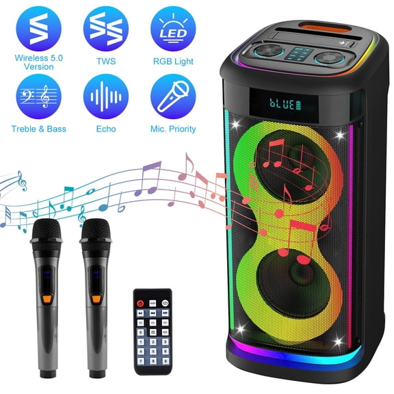 Imountek Portable Wireless Party Speaker with LED Lights, Wireless Mic, Remote, TWS, FM Radio, 10H Playtime, IPX6