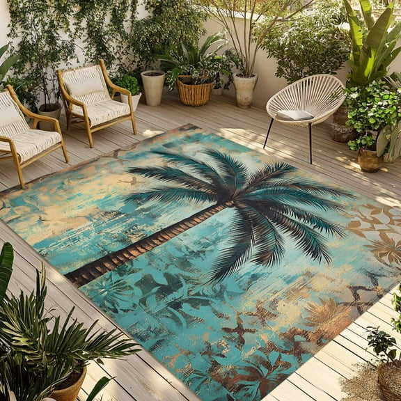 Fsddascl Boho Beach Tree Outdoor Rug for Patio/Deck/Porch, Non-Slip Large Area Rug 4 x 6 Ft, Coastal Vintage Summer Tropical Plant Indoor Outdoor Rugs Washable Area Rugs, Camping Rug Carpet