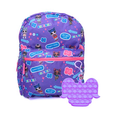 LOL School Backpack w/ Popper Fidget Keychain Set LOL Surprise Girls Purple