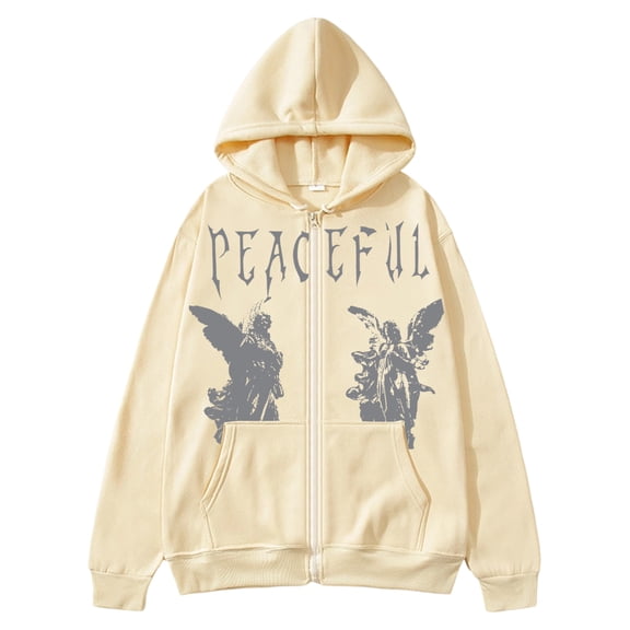 IAJDKMEK Men's Letter Print Full Zip Hoodie – Streetwear Sweatshirt with Graphic Design & Pocket, Long Sleeve Hoodies for Men, Y2K Jacket for Urban Style & Daily,Beige L