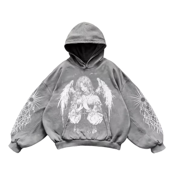 Mens Vintage Y2K Hoodies Graphic Pullover Long Sleeve Hooded Sweatshirt Loose Streetwear Grey S