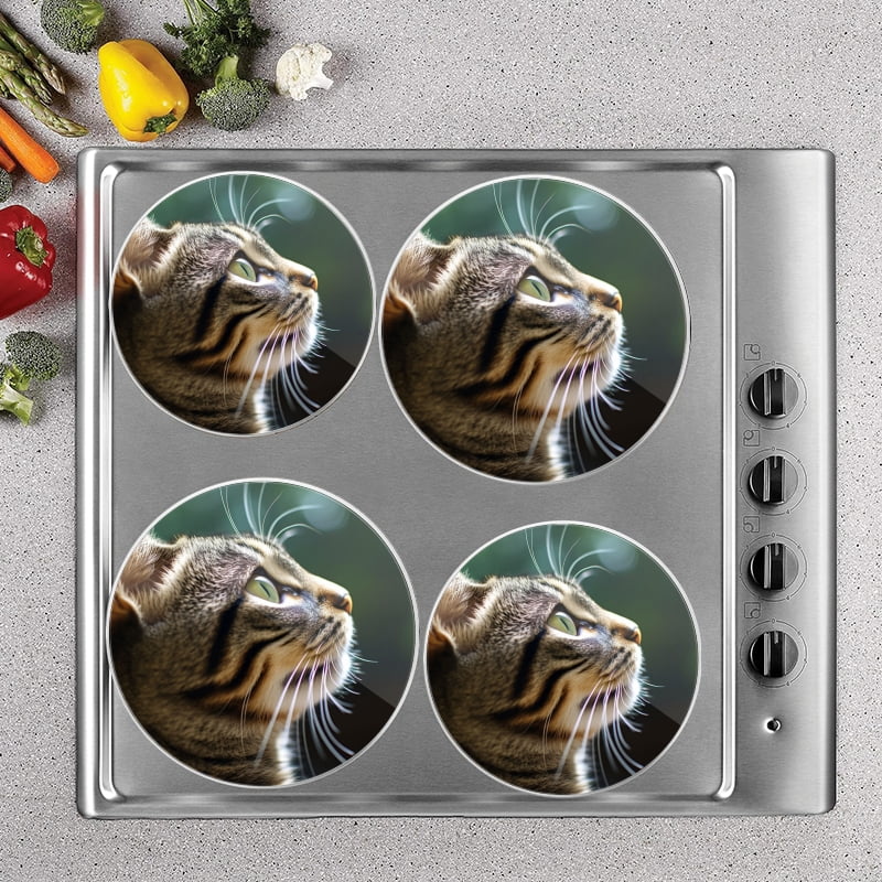 BaHomeck Electric Stove Burner Covers Set of 4,Round Metal Gas Stove Burner Covers 8 Inch and 10 Inch,Kitchen Decor,American Shorthair Cat'S Head And Looking Up At The Sky