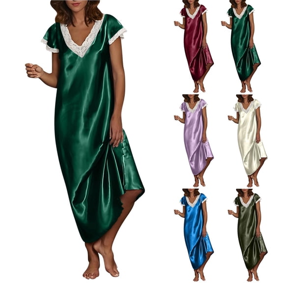 Nightgowns for Women Chroia Satin Lace Spliced Short Sleeve V Neck Plus Size Long Comfy Sleep Gowns