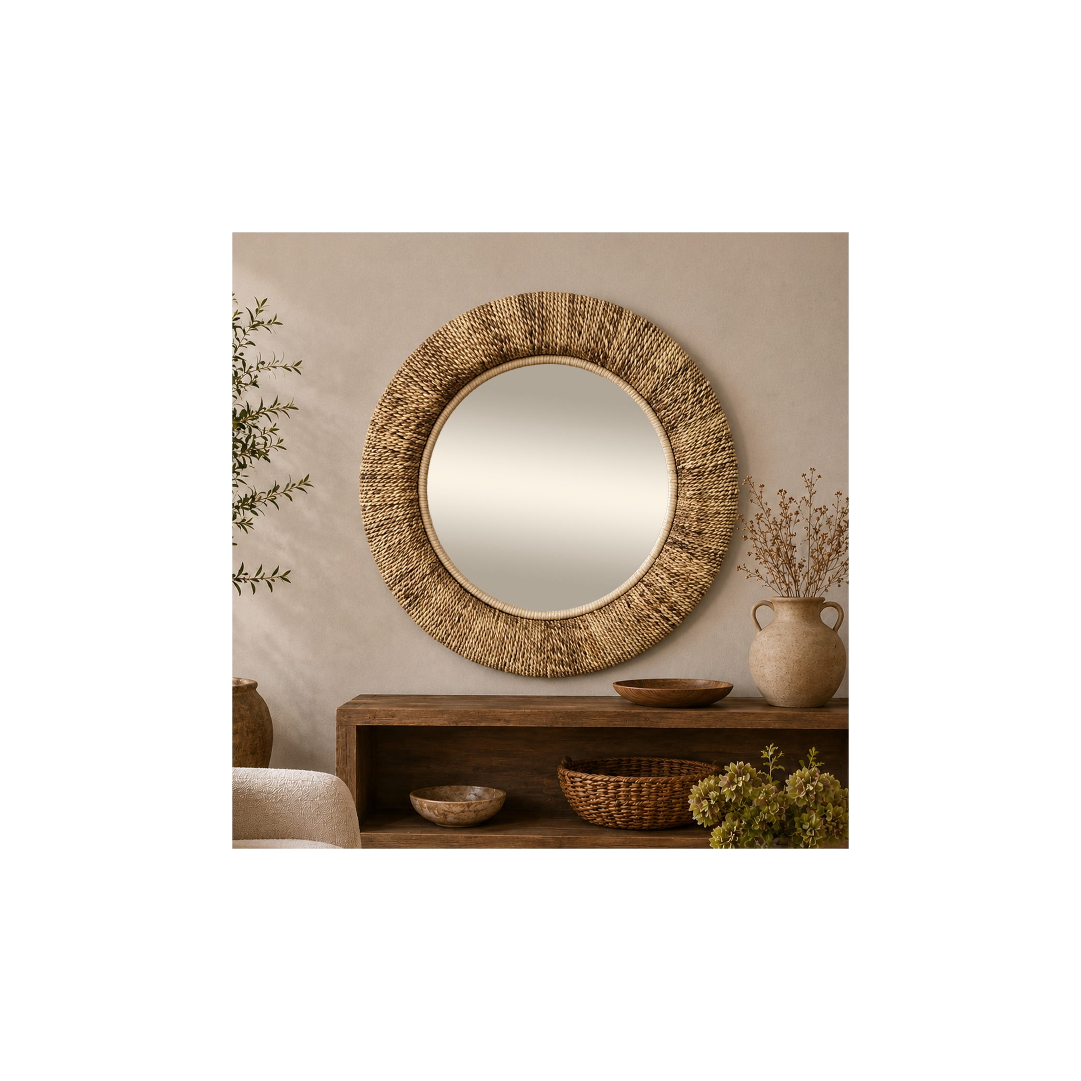 DecMode Coastal Brown Weaved Rattan Round Wall Mirror, 35"D
