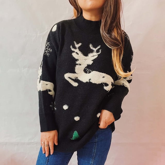 RKSTN Pulls pour Femmes Arbre de Noël Faon Manches Longues Col Rond Tricot Chandail Femmes Pulls d'Automne