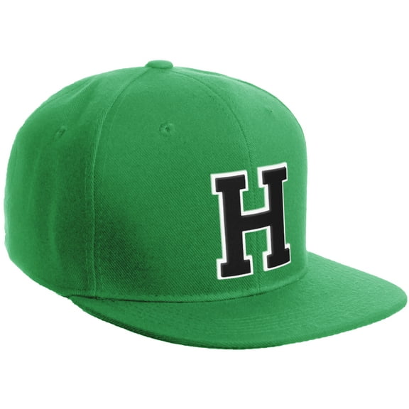 Daxton Classic Snapback Hat Custom A to Z Initial Varsity Letters, Kelly Green Hat White Black Letter H